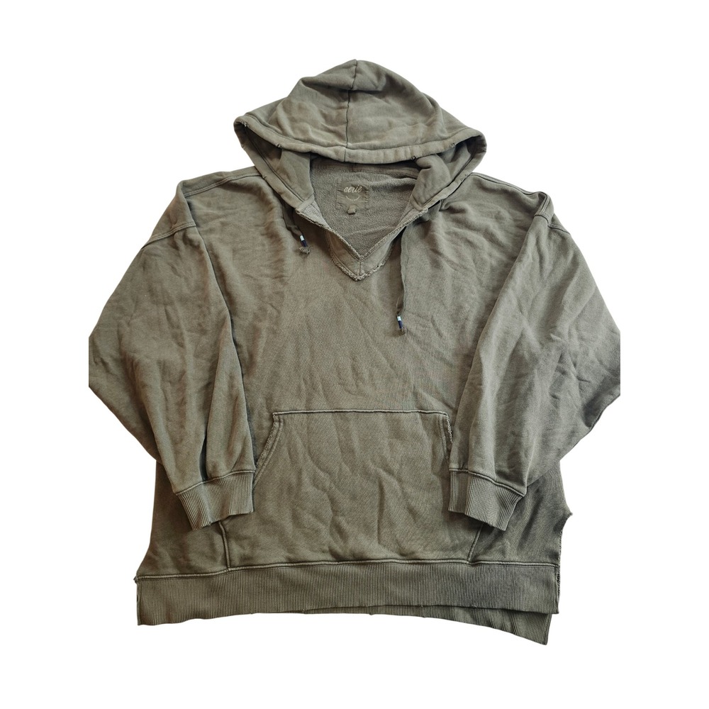 Aerie Hoodie Women Medium Olive Green Oversized V-Neck French Terry Sweatshirt